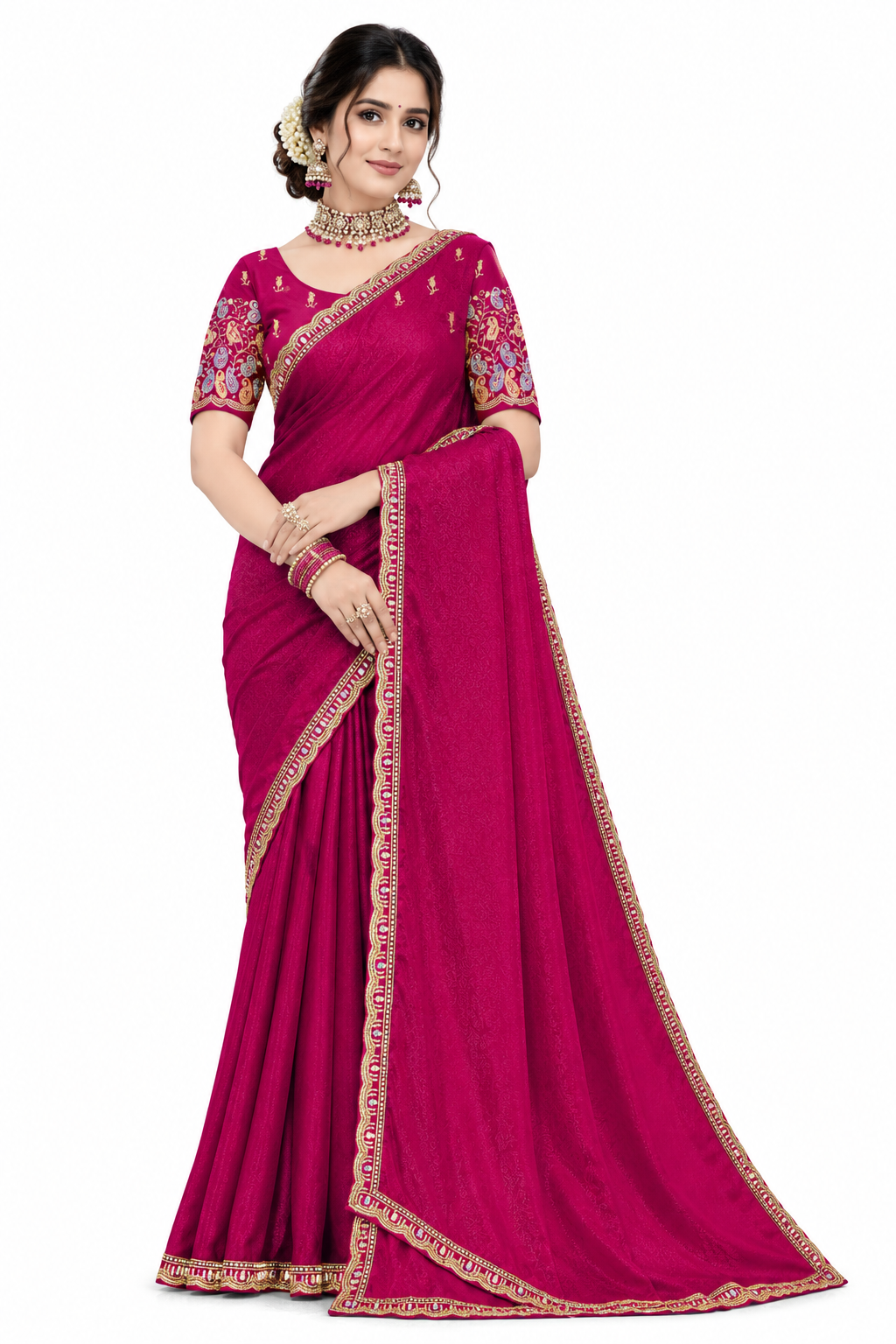 Women's Designer Jacquard Saree with Embroidered Border and Matching Blouse Piece