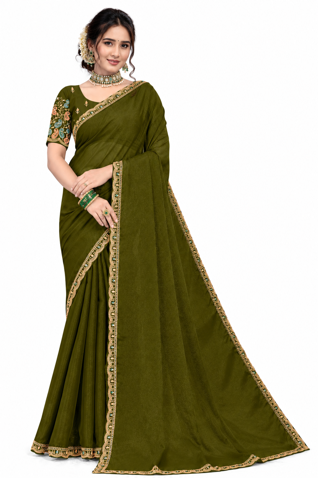 Women's Designer Jacquard Saree with Embroidered Border and Matching Blouse Piece