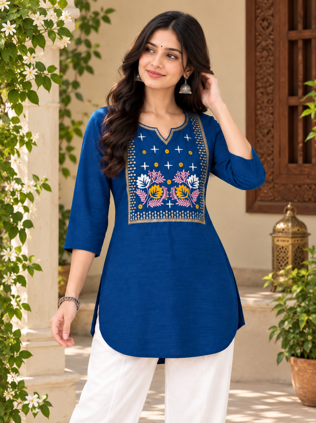 Women’s Embroidered Straight Kurti – 3/4 Sleeve Ethnic Wear