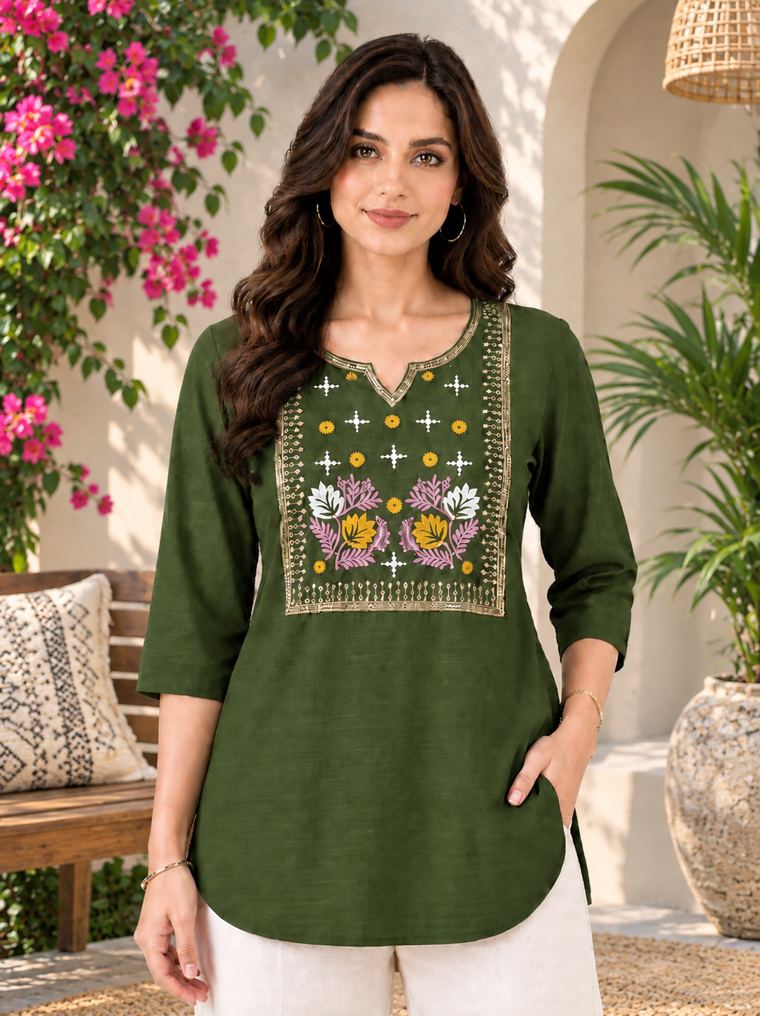 Women's green Embroidered kurti