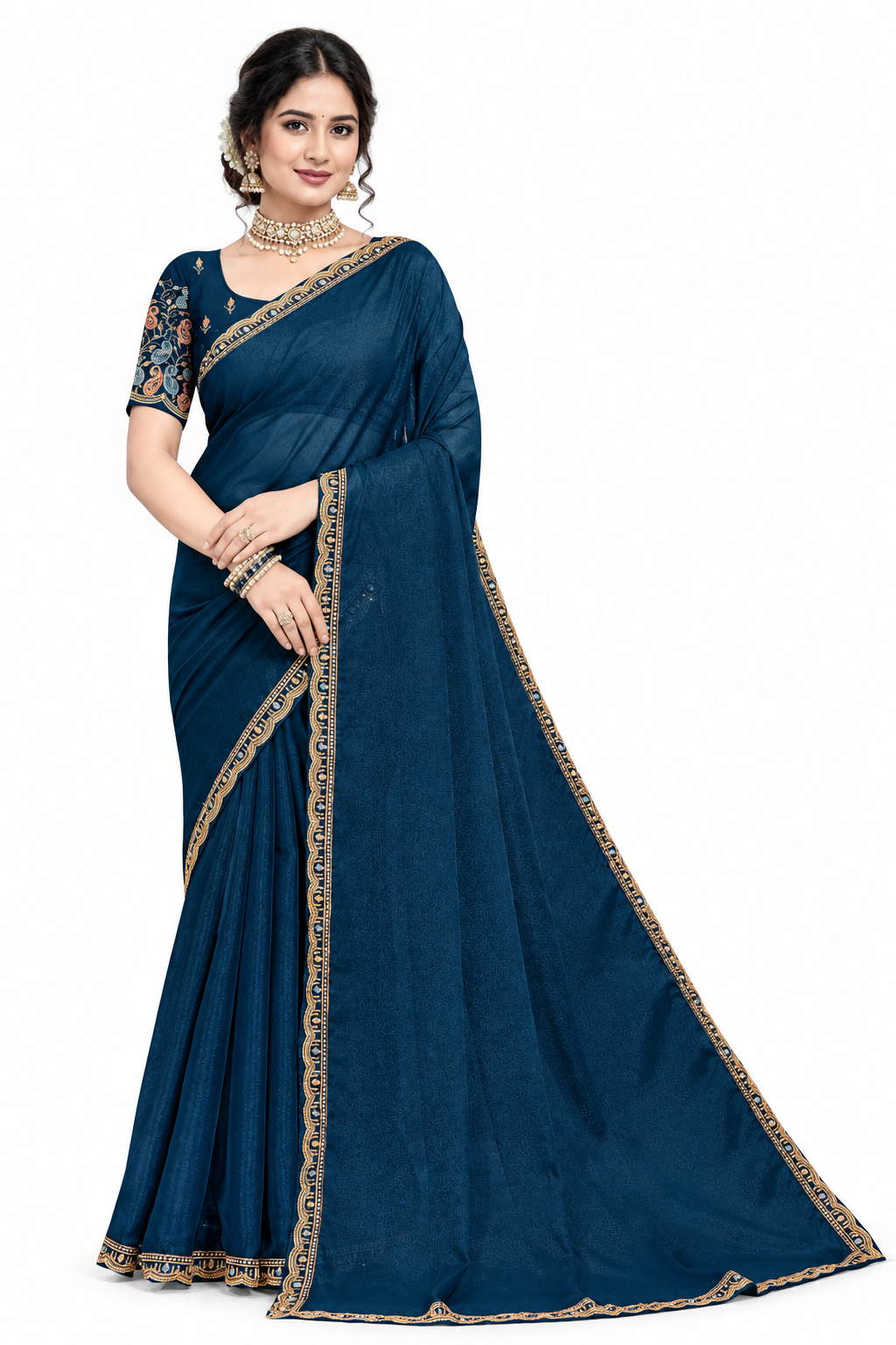 Women's Designer Jacquard Saree with Embroidered Border and Matching Blouse Piece