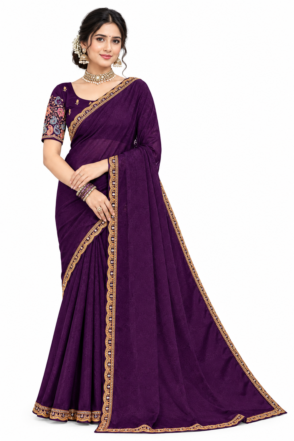 Women's Designer Jacquard Saree with Embroidered Border and Matching Blouse Piece