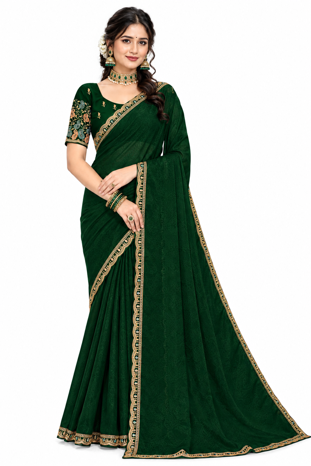 Women's Designer Jacquard Saree with Embroidered Border and Matching Blouse Piece