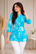 Stylish Women's Turquoise Blue Floral Printed Short Kurti