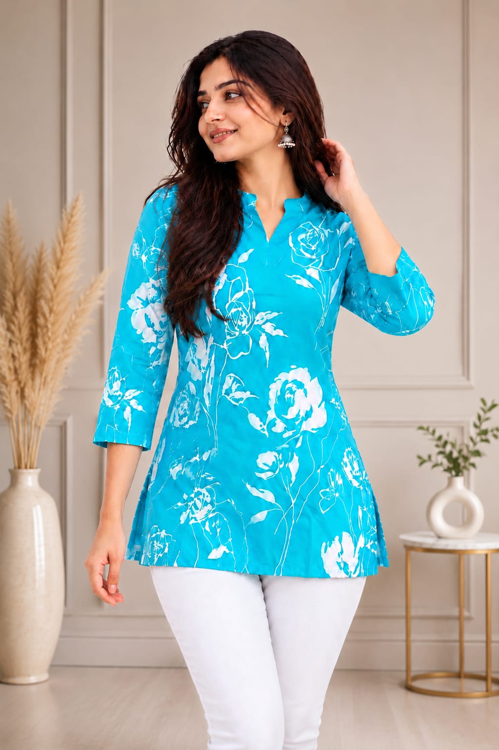Stylish Women's Turquoise Blue Floral Printed Short Kurti