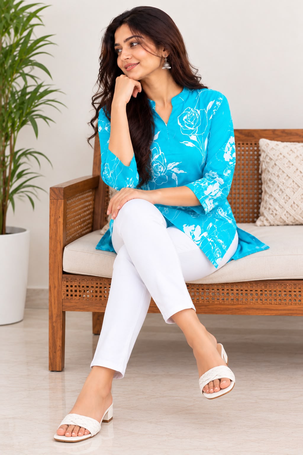 Stylish Women's Turquoise Blue Floral Printed Short Kurti