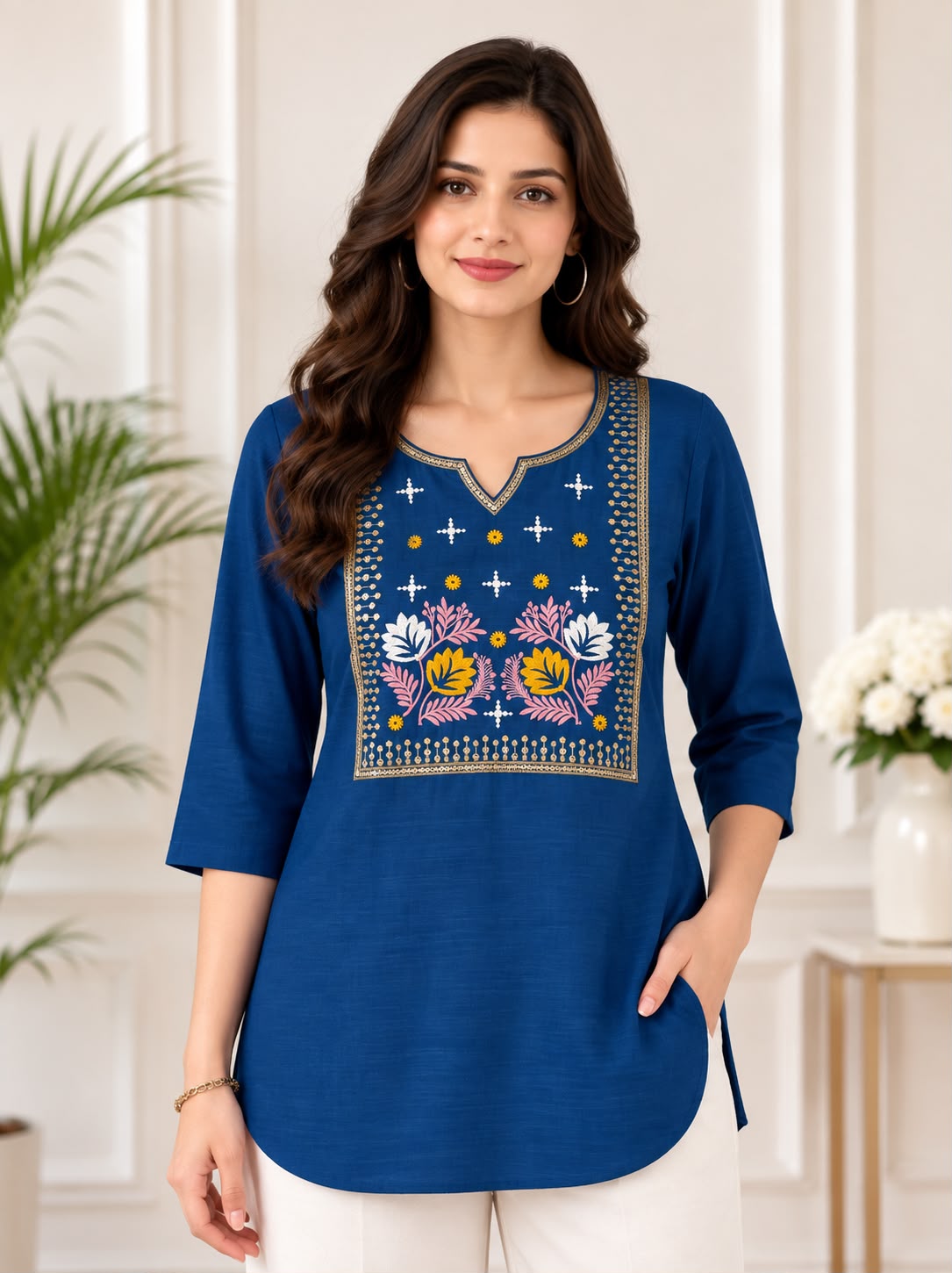 Women’s Embroidered Straight Kurti – 3/4 Sleeve Ethnic Wear