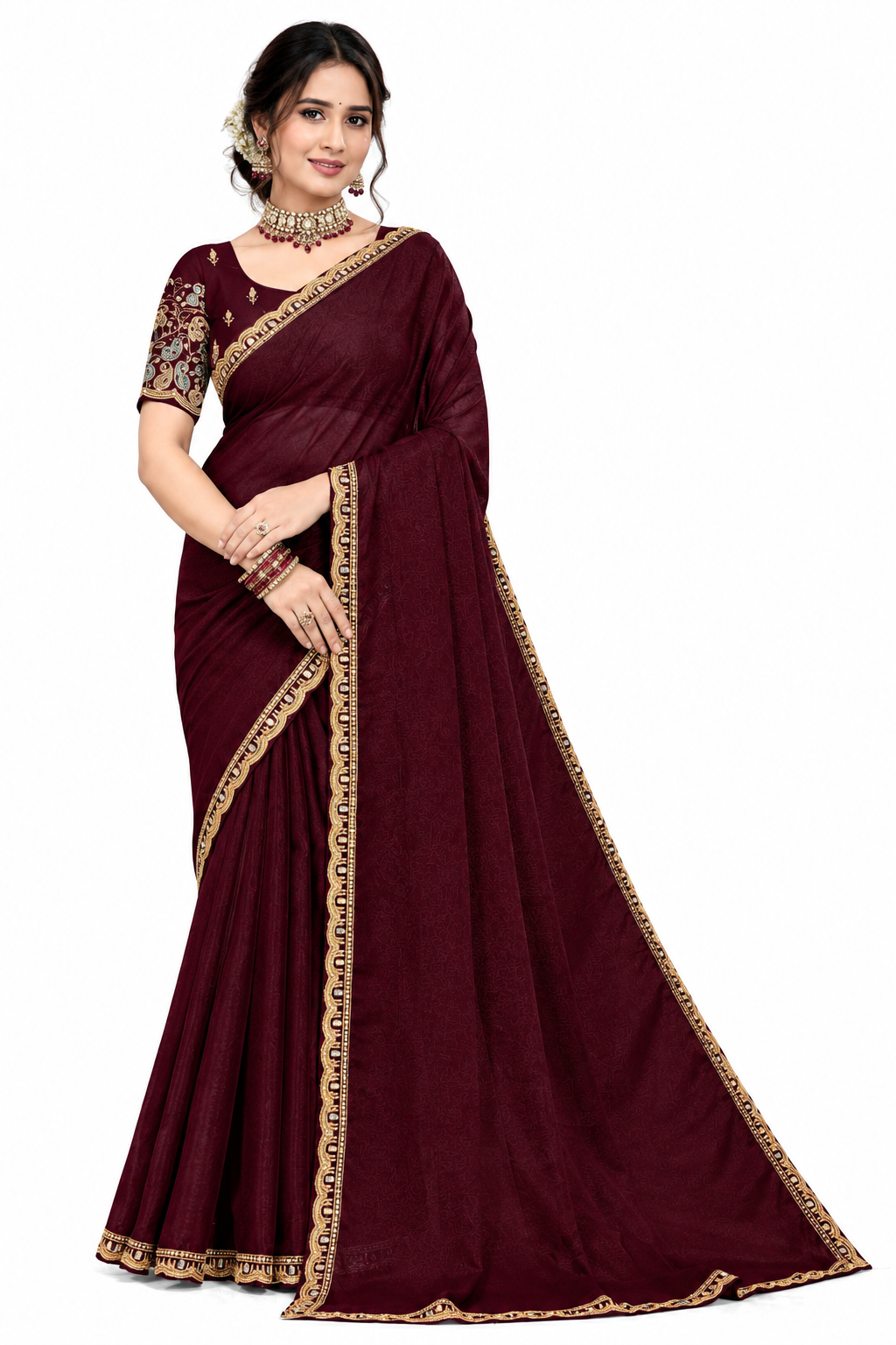 Women's Designer Jacquard Saree with Embroidered Border and Matching Blouse Piece